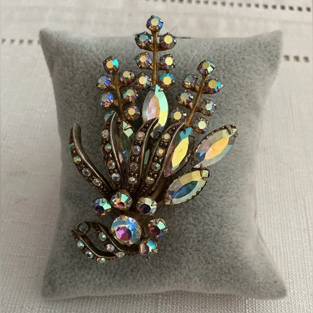 Selina Vintage Iridescent Aurora Borealis Rhinestone Gold Tone Brooch